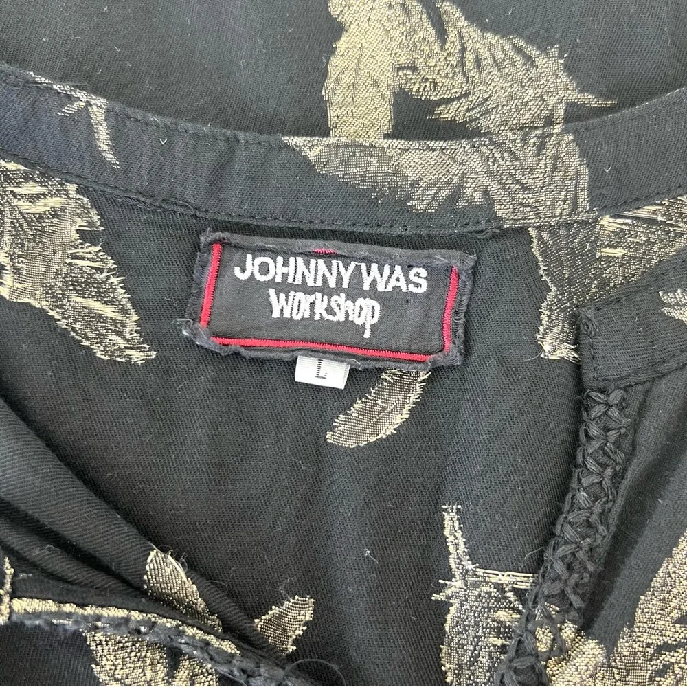 JOHNNY WAS Workshop Black Metallic Gold Feathers Embroidered Hem Mini Dress Sz L - Picture 14 of 16